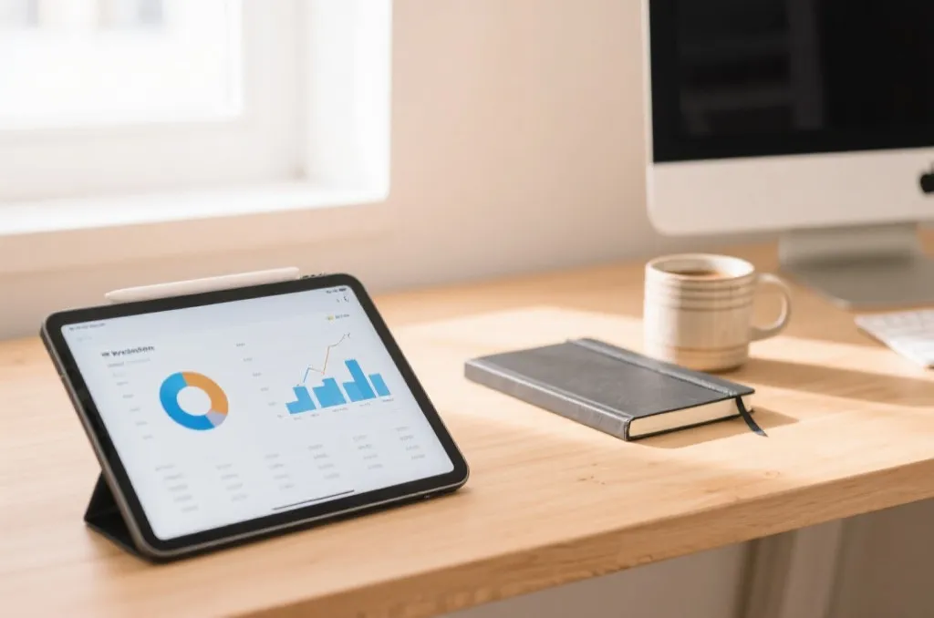 A minimalist wooden desk with a modern tablet displaying clean data diagrams next to a physical notebook and a ceramic coffee cup, bright daylight, professional workspace